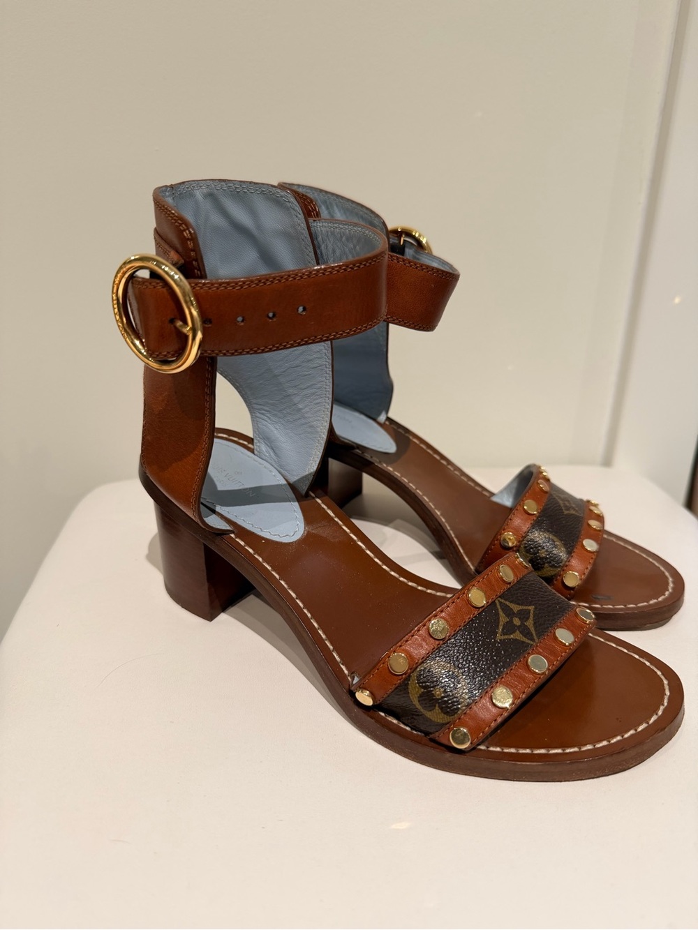Authentic Louis Vuitton Brown Monogram Studded Block-Heel Sandals 7.5